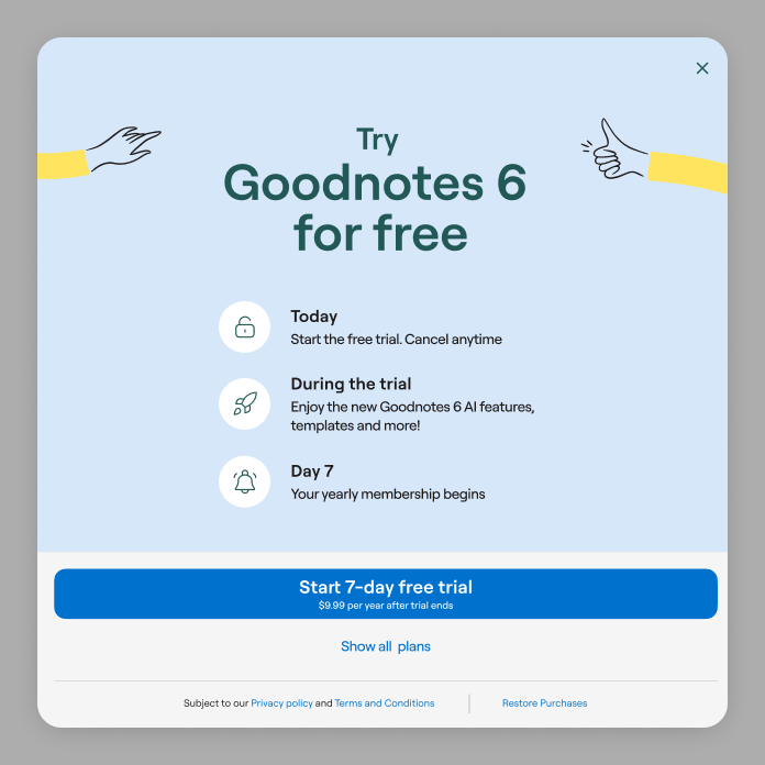 Subscription onboarding flow for Goodnotes 6